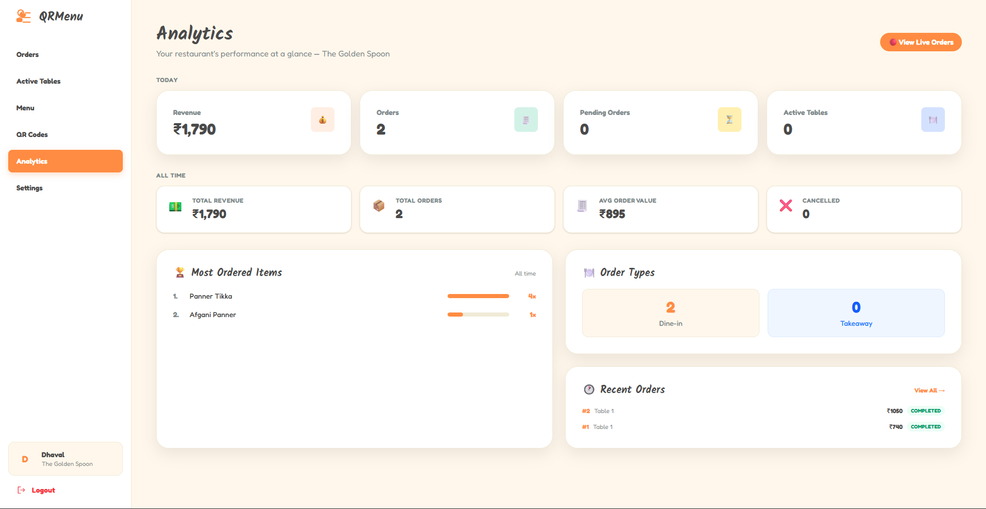 QR Menu — Real-Time Ordering — project by Dhaval Maurya Screenshot of QR Menu — Real-Time Ordering — built with JAVA, SPRING BOOT, REACT. Project by Dhaval Maurya.