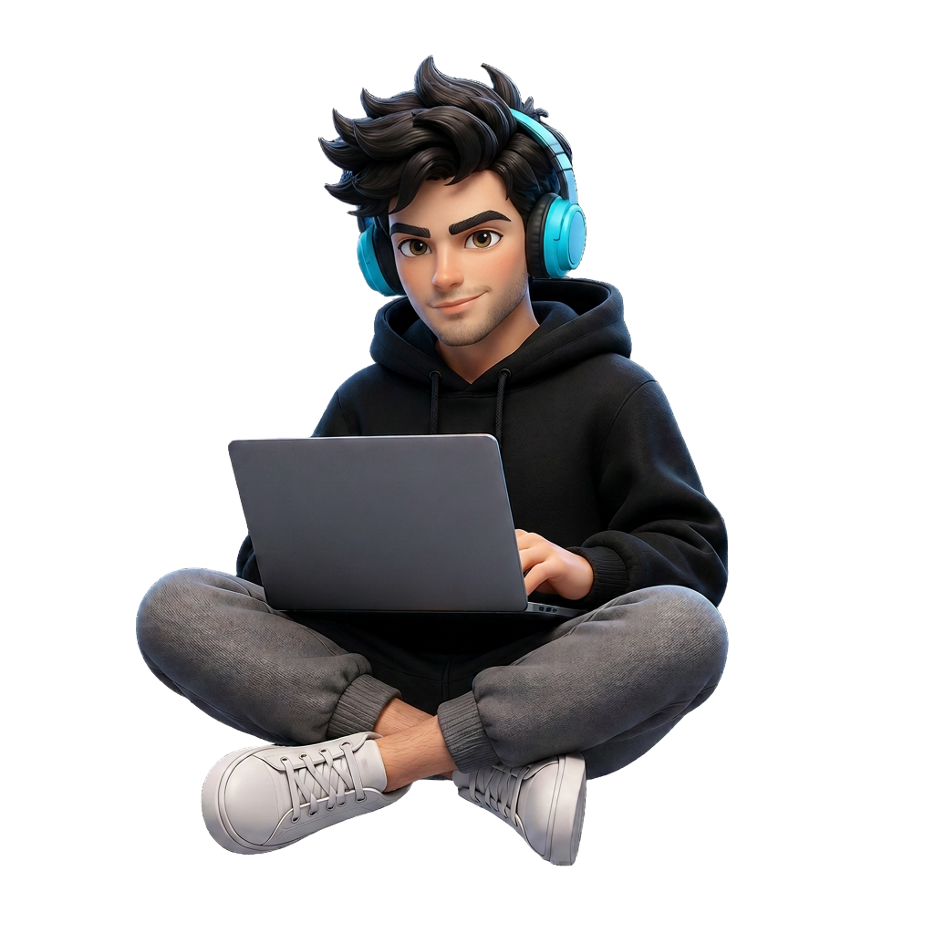 3D illustration of Dhaval Maurya, a full-stack developer wearing cyan headphones and a black hoodie